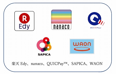 イラスト：のりもの券専用券売機対応キャッシュレスブランド　楽天Edy、nanaco、QUICPay、SAPICA、WAON
