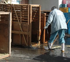 写真：移送箱の掃除をする獣医さん