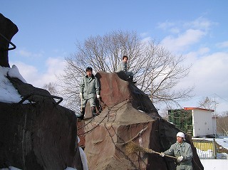 写真：ニホンザルに入墨をいれるためのサル山に飼育員が登っている様子