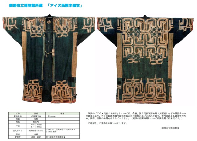 写真：釧路市立博物館所蔵「アイヌ民族木綿衣」についての説明