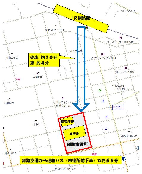 JR釧路駅から釧路市役所までの案内図