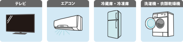 イラスト：テレビ、エアコン、冷蔵庫・冷凍庫、洗濯機・衣類乾燥機