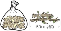 イラスト：透明か半透明の袋に入れた刈り草・落ち葉と長さ50cm以内にしてひもで束ねた木の枝