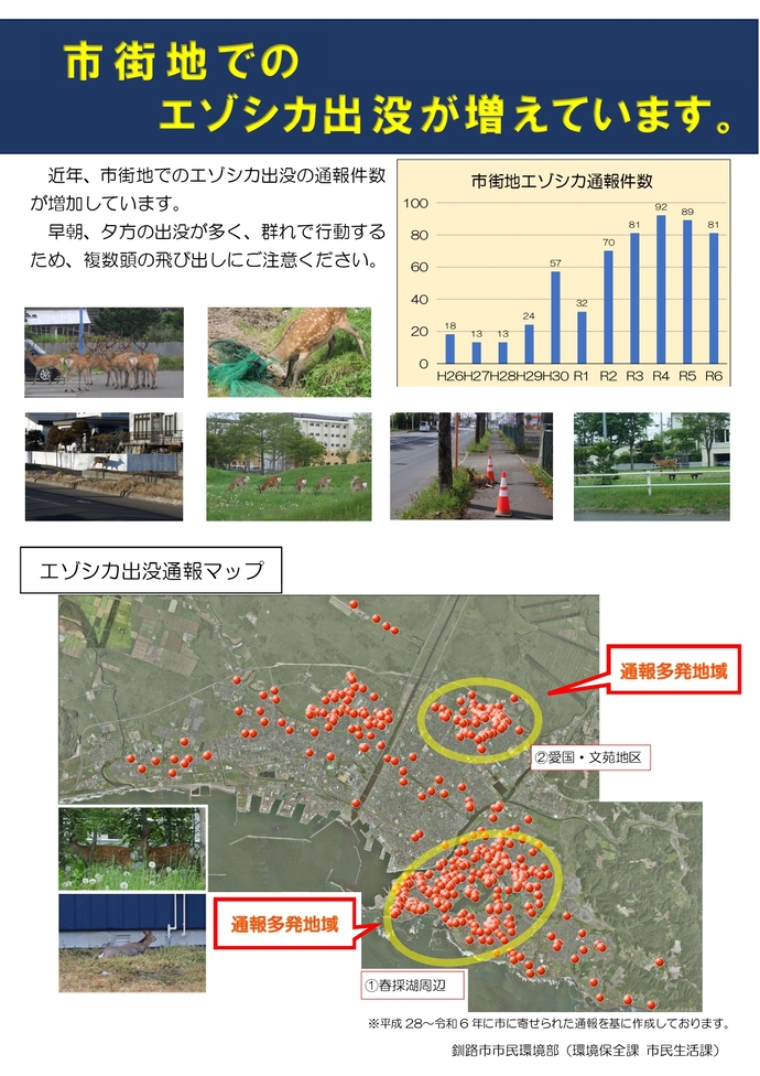 写真：チラシ　市街地でのエゾシカ出没が増えています
