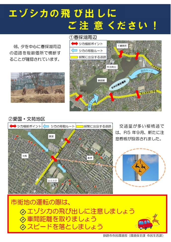写真：チラシ　エゾシカの飛び出しにご注意ください