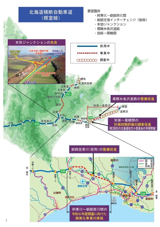 地図：北海道横断自動車道（根室線）要望箇所