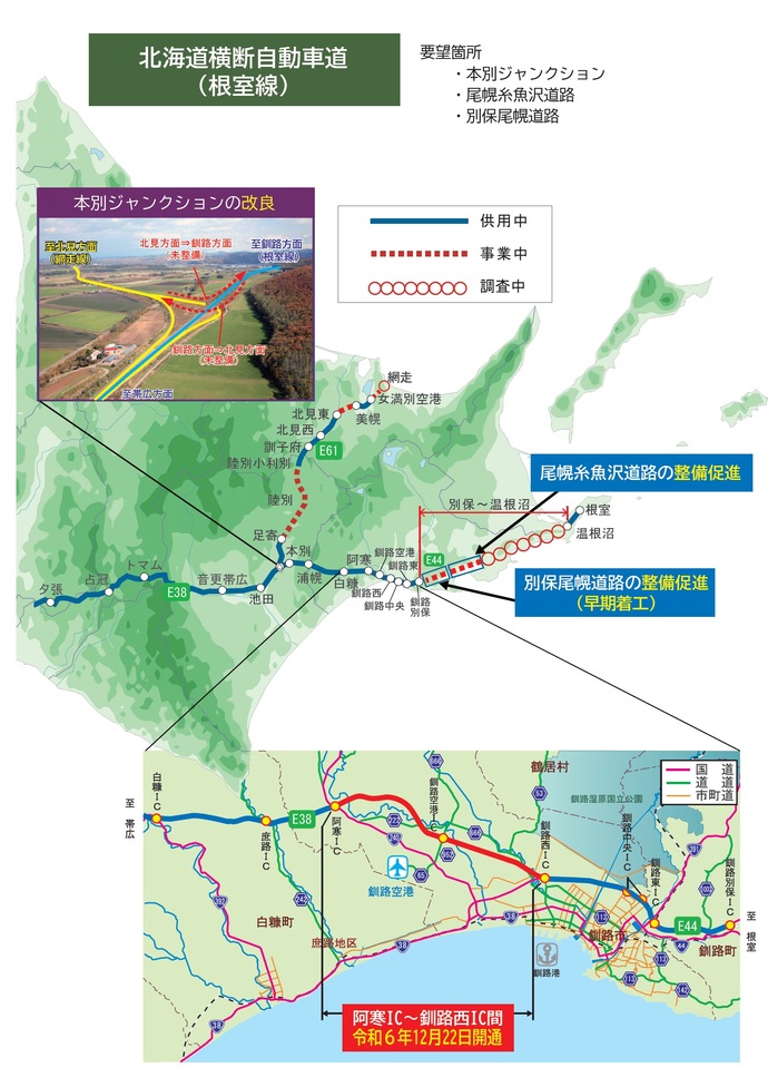 地図：北海道横断自動車道（根室線）要望箇所