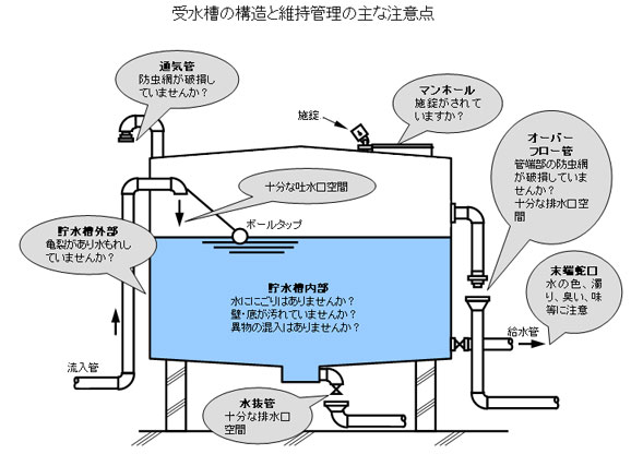 イラスト：受水槽の構造と維持管理の主な注意点