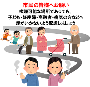 市民の皆様へお願い　喫煙可能な場所であっても、子ども・妊産婦・高齢者・病気の方などへ煙がいかないよう配慮しましょう