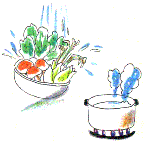 イラスト：水洗いされる野菜とお湯が煮立った鍋