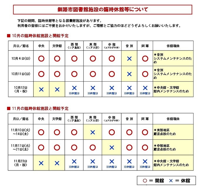 令和8年10月・11月の臨時休館日