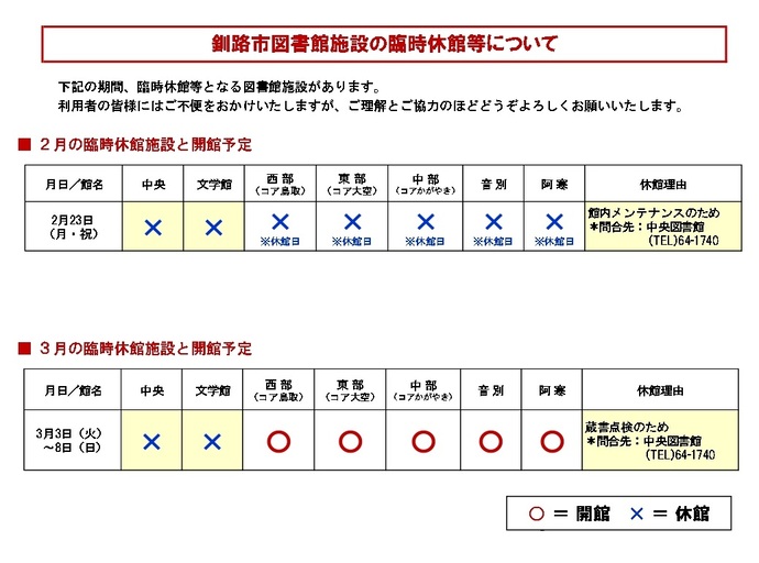 令和8年2月・3月の臨時休館日