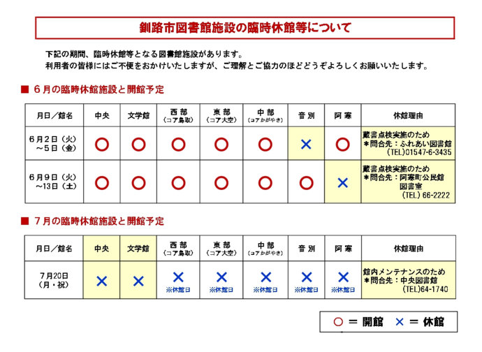 令和8年6月・7月の臨時休館日