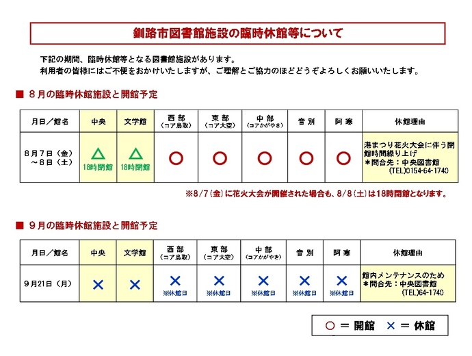 令和8年8月・9月の臨時休館日
