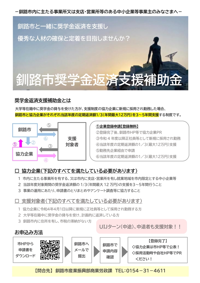 釧路市奨学金返済支援補助金　企業向けチラシ